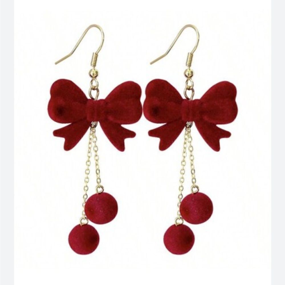 Red velvet bow dangle earrings N223